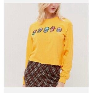 DAYDREAMER Rolling Stones Tongues Tee Crop Long Sleeve Gold Yellow Size Large